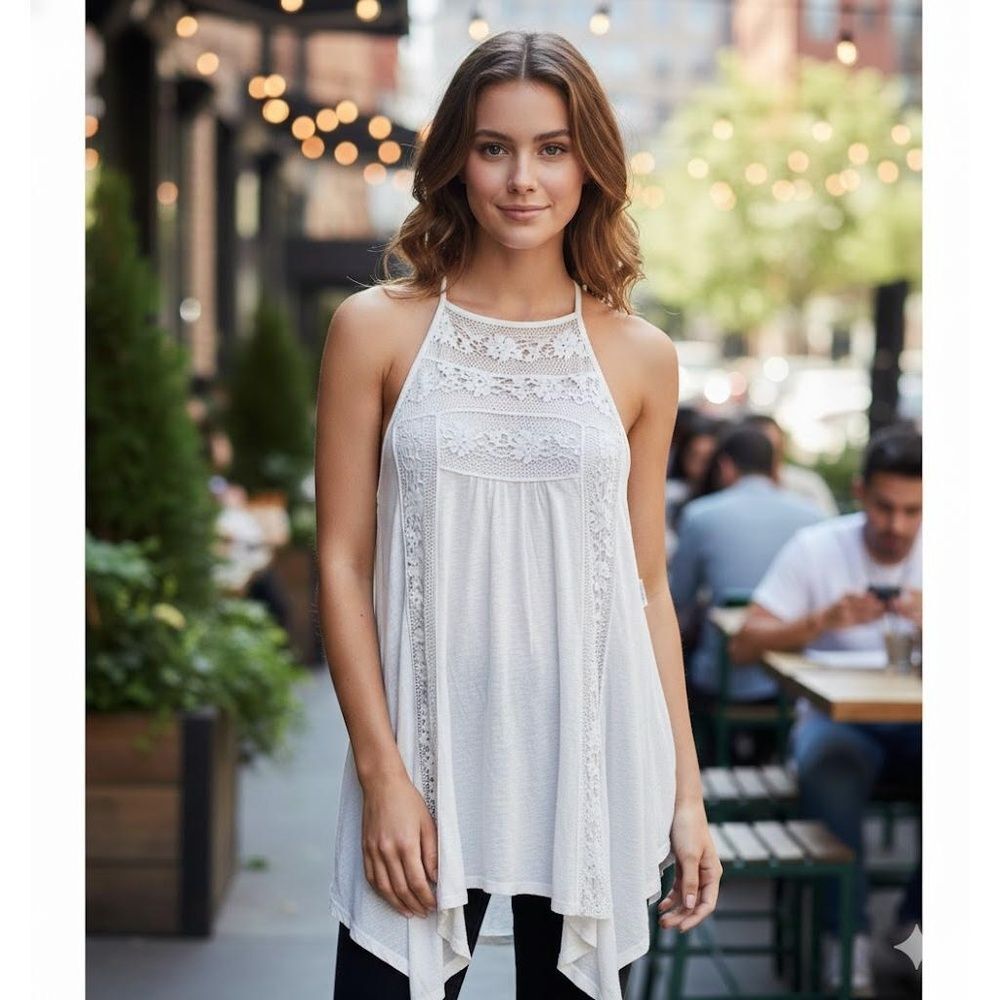 Free People Tunic Dress S Linen Crochet Lace Vacation Boho Festival Exotic White